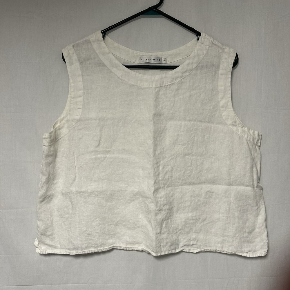 Cut Loose Women's XL White 100% Linen Boxy Sleeveless Shirt Boho Beach Tropical
